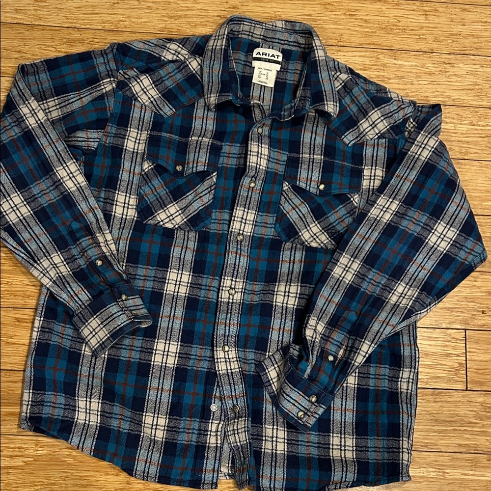 Ariat Men's Navy and White Plaid Flannel Shirt Pearl Snap Buttons Men’s XL